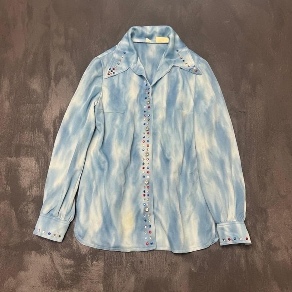 Vintage 1970s Button Up Shirt Womens Medium White Blue Bejeweled Disco